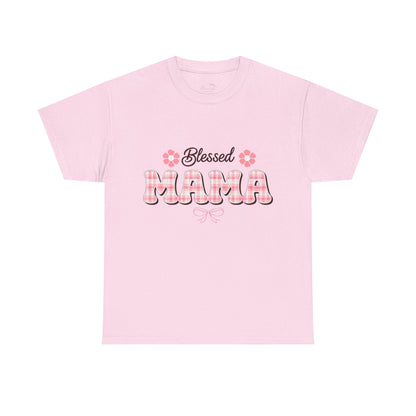 Blessed Mama Tee — Pink Plaid Mom Shirt