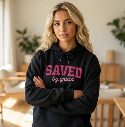 Saved by Grace Hoodie — Christian Faith Pullover in Pink Collegiate Script