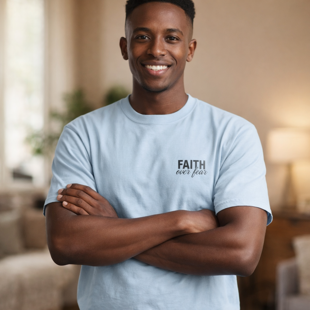 Faith Over Fear T-Shirt — BLUE Christian Cross Inspirational Tee