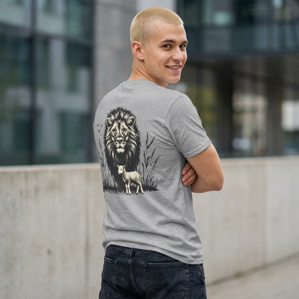 Lion and Lamb Graphic Tee — Protective Lion with Lamb Illustration