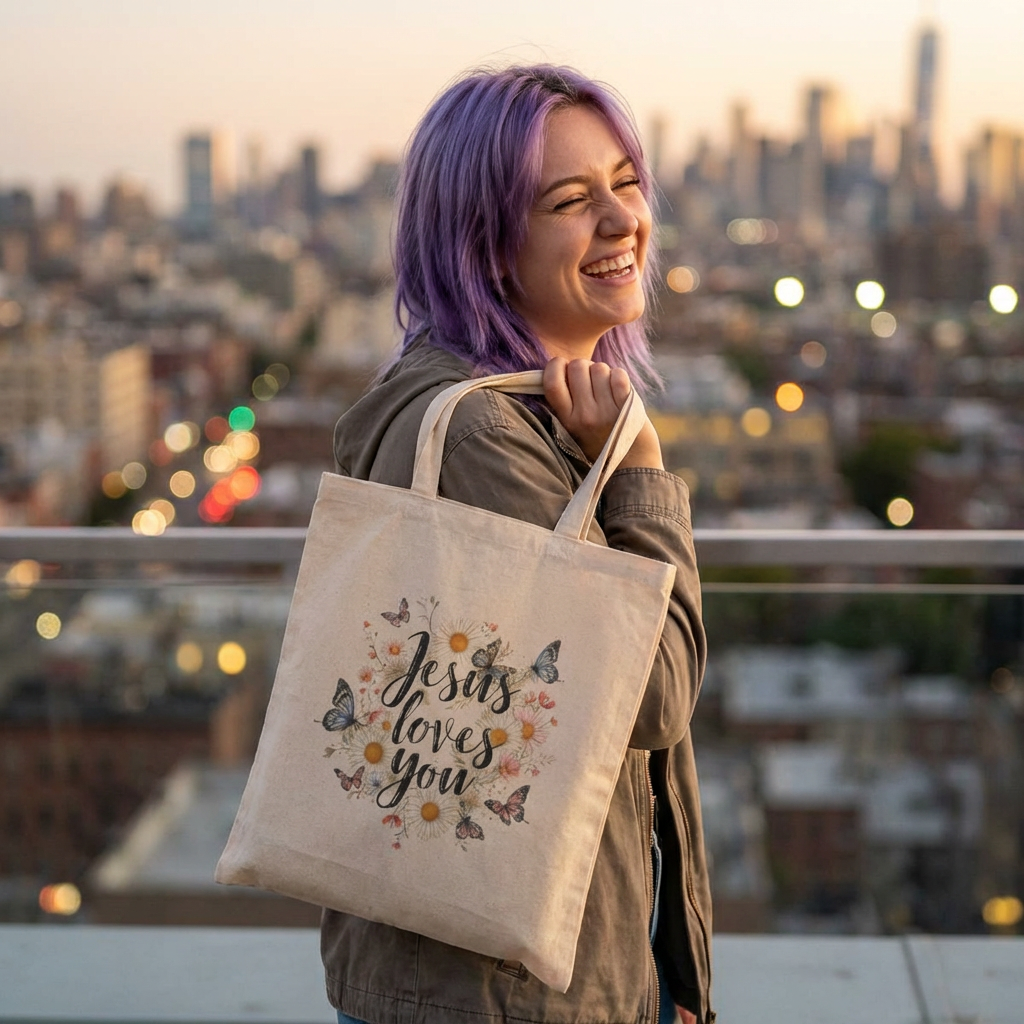 Jesus Loves You Floral Canvas Tote Bag — Christian Inspirational Everyday Bag