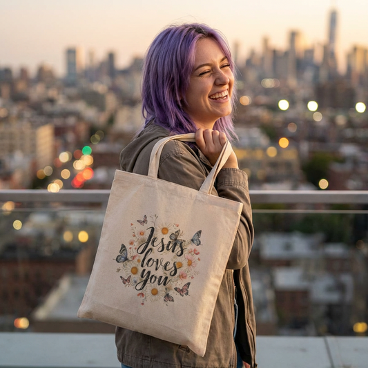 Jesus Loves You Floral Canvas Tote Bag — Christian Inspirational Everyday Bag
