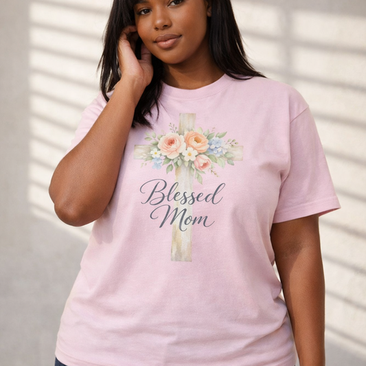 Blessed Mom Floral Cross T-Shirt