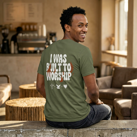 Worship Tee — "I Was Built to Worship" Christian Cross + Dove + Heart T‑Shirt