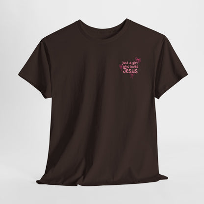 T-Shirt — "Just a Girl Who Loves Jesus" Pink Bow Christian Tee