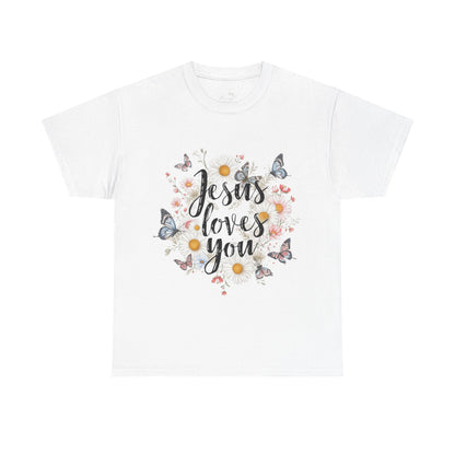 Christian T-Shirt — “Jesus Loves You” Floral Butterfly Tee