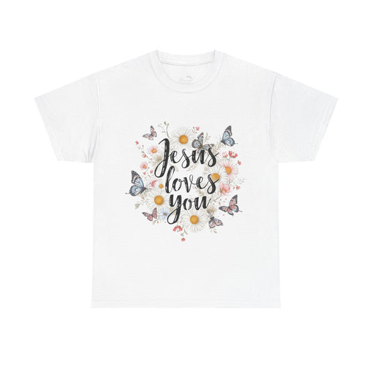 Christian T-Shirt — “Jesus Loves You” Floral Butterfly Tee