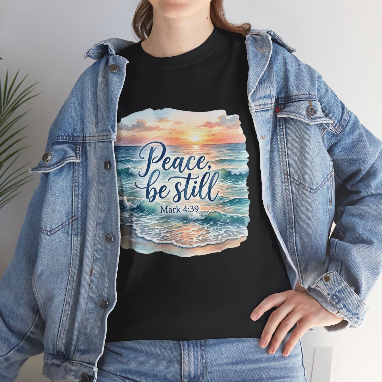 Peace Be Still T-Shirt — Beach Sunset Scripture Tee (Mark 4:39)