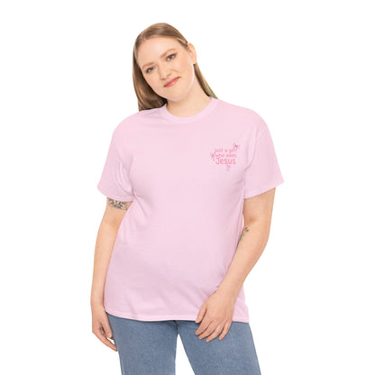 T-Shirt — "Just a Girl Who Loves Jesus" Pink Bow Christian Tee