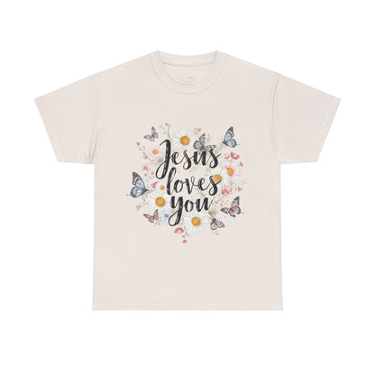 Christian T-Shirt — “Jesus Loves You” Floral Butterfly Tee