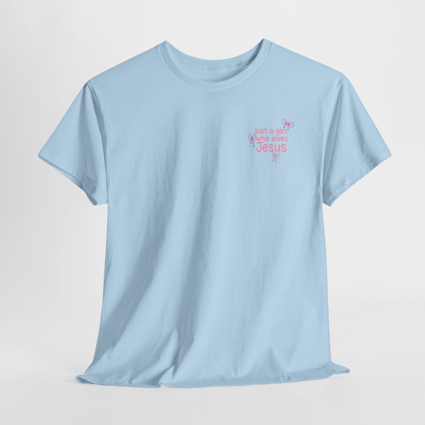 T-Shirt — "Just a Girl Who Loves Jesus" Pink Bow Christian Tee