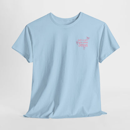 T-Shirt — "Just a Girl Who Loves Jesus" Pink Bow Christian Tee