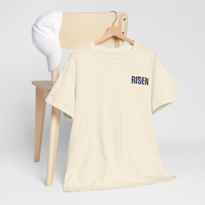 BLUE Risen Jesus Tee — Christian Easter Shirt with Crown of Thorns Design