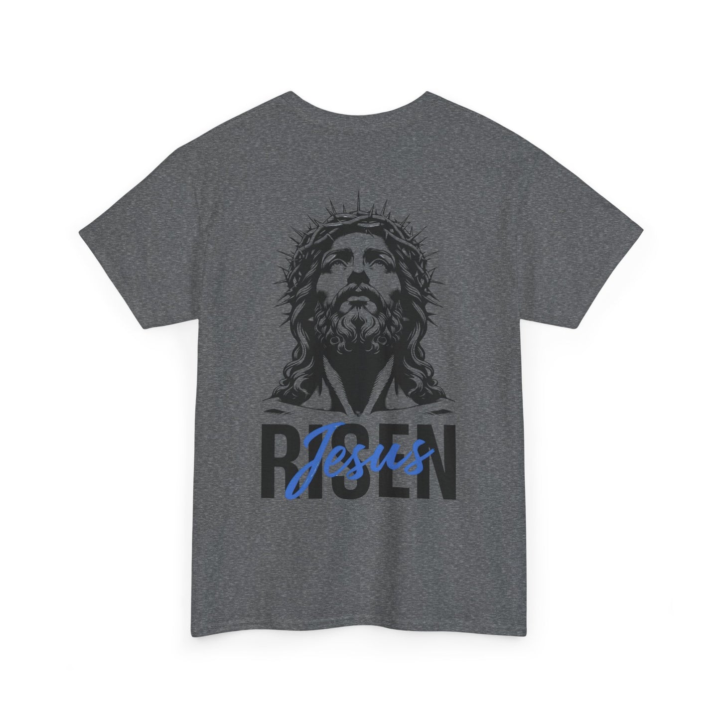 BLUE Risen Jesus Tee — Christian Easter Shirt with Crown of Thorns Design