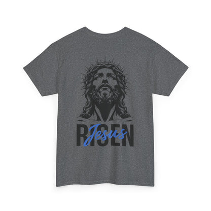 BLUE Risen Jesus Tee — Christian Easter Shirt with Crown of Thorns Design