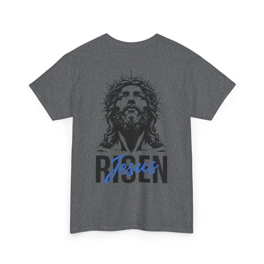 BLUE Risen Jesus Tee — Christian Easter Shirt with Crown of Thorns Design