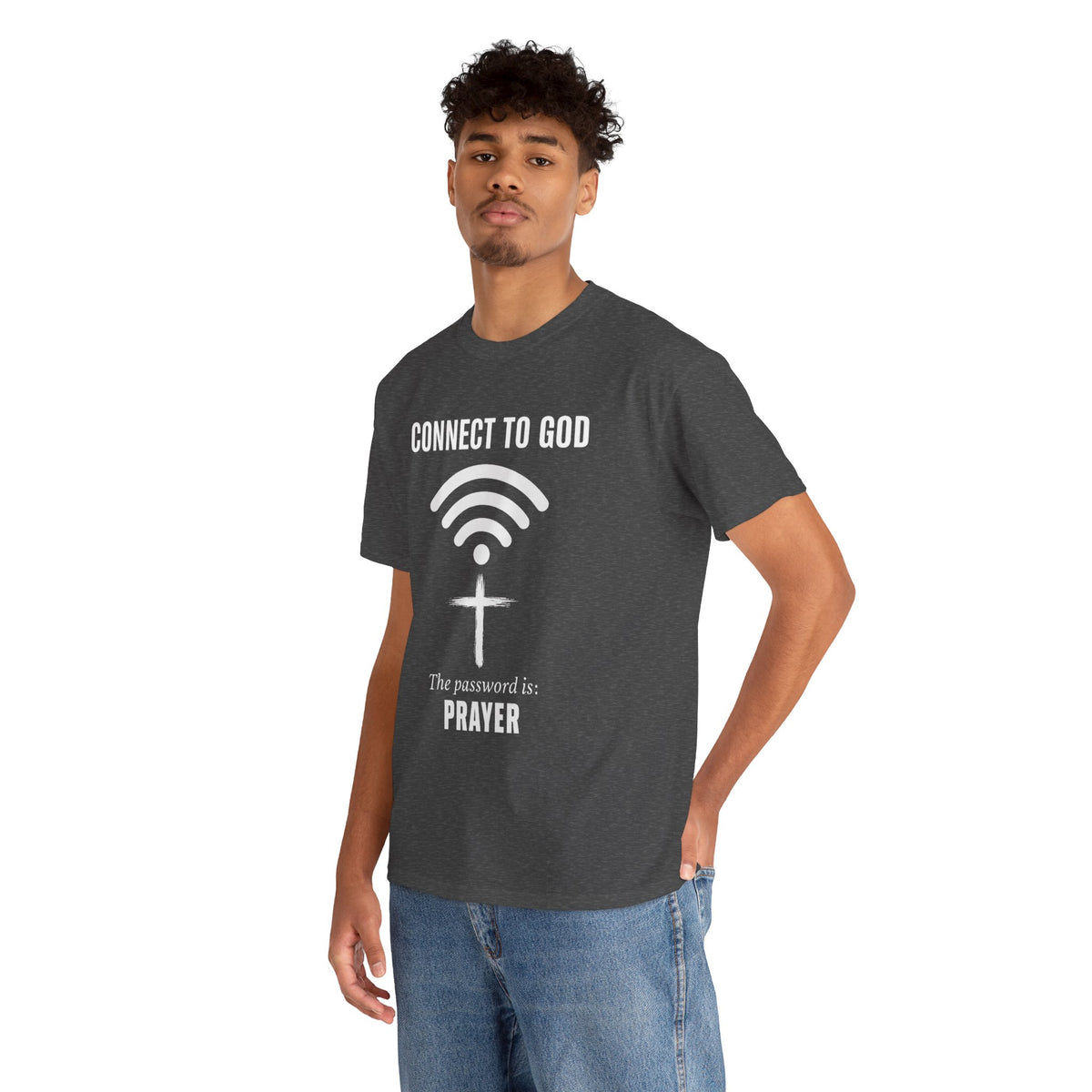 (UNISEX) Connect to God Prayer T-Shirt — Christian Faith Tee with Cross WiFi Design