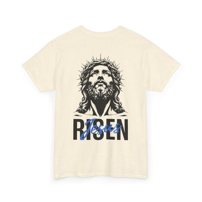 BLUE Risen Jesus Tee — Christian Easter Shirt with Crown of Thorns Design