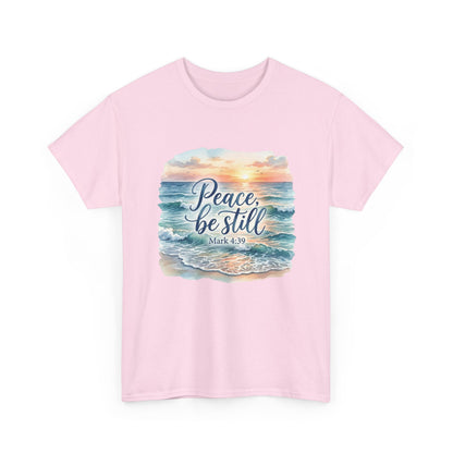 Peace Be Still T-Shirt — Beach Sunset Scripture Tee (Mark 4:39)
