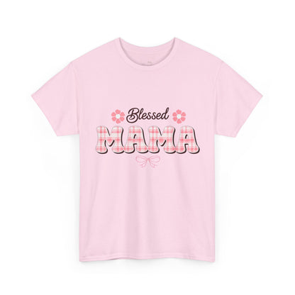 Blessed Mama Tee — Pink Plaid Mom Shirt