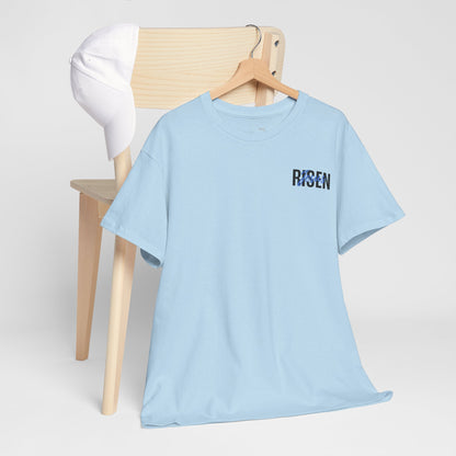 BLUE Risen Jesus Tee — Christian Easter Shirt with Crown of Thorns Design