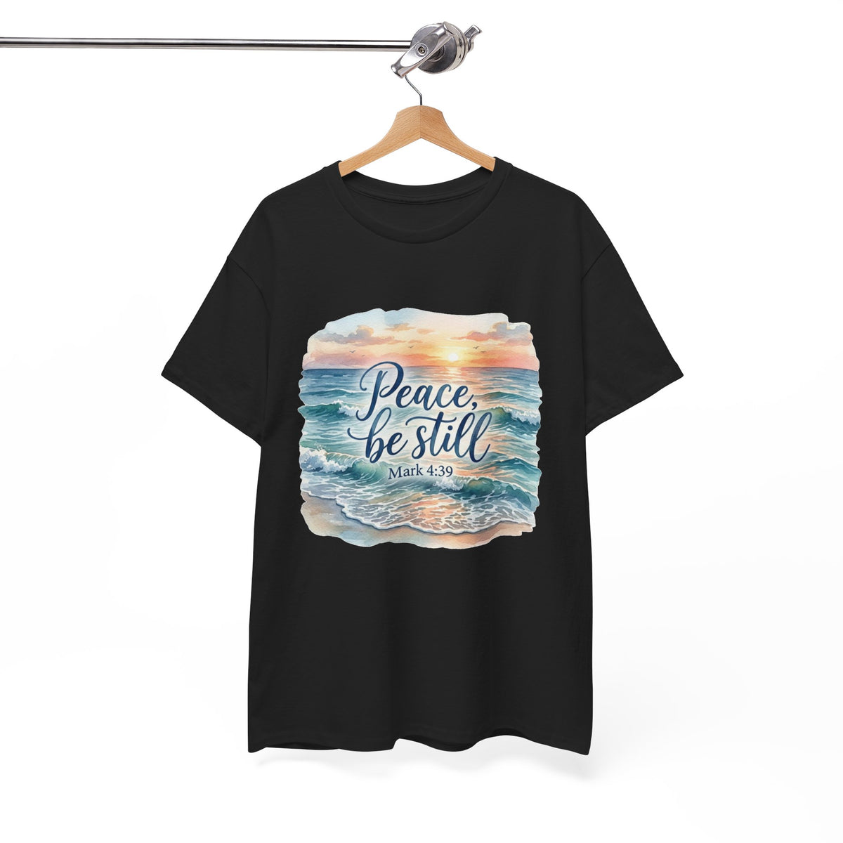 Peace Be Still T-Shirt — Beach Sunset Scripture Tee (Mark 4:39)