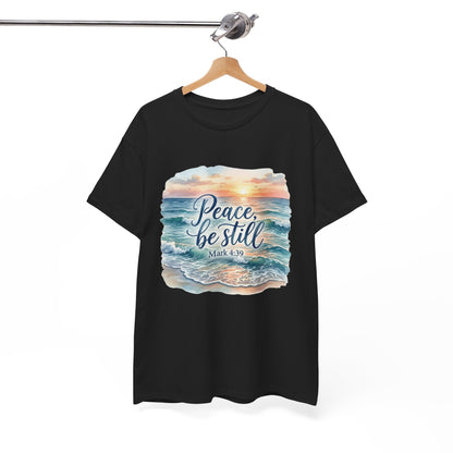 Peace Be Still T-Shirt — Beach Sunset Scripture Tee (Mark 4:39)
