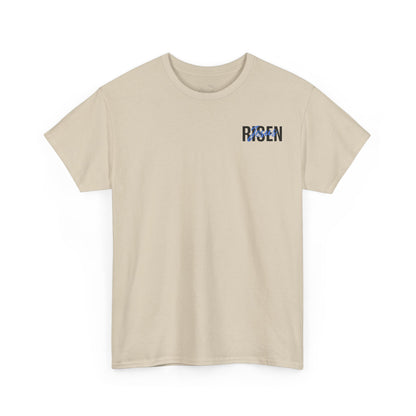 BLUE Risen Jesus Tee — Christian Easter Shirt with Crown of Thorns Design