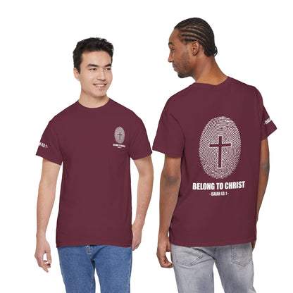 Belong to Christ T-Shirt — Christian Cross Fingerprint Tee (Isaiah 43:1)