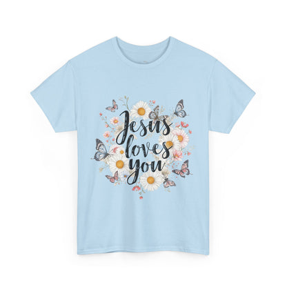Christian T-Shirt — “Jesus Loves You” Floral Butterfly Tee