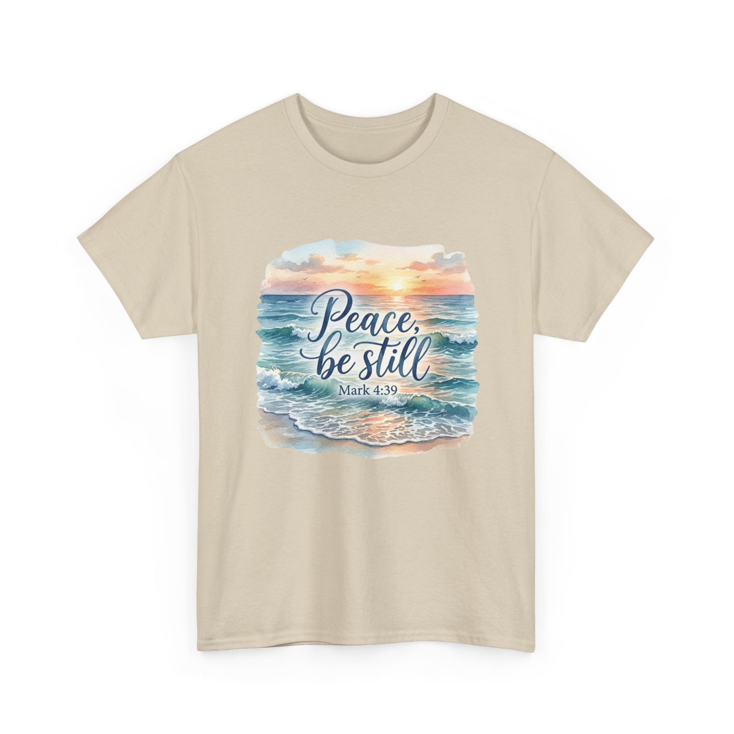Peace Be Still T-Shirt — Beach Sunset Scripture Tee (Mark 4:39)