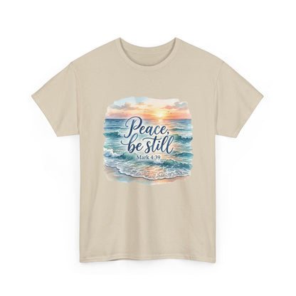 Peace Be Still T-Shirt — Beach Sunset Scripture Tee (Mark 4:39)