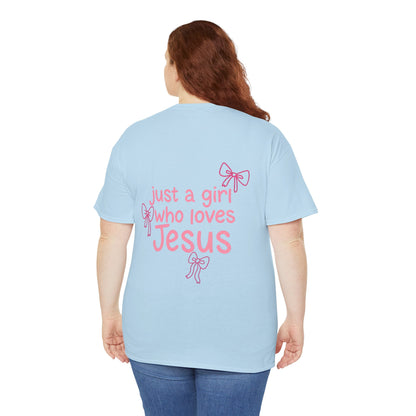 T-Shirt — "Just a Girl Who Loves Jesus" Pink Bow Christian Tee