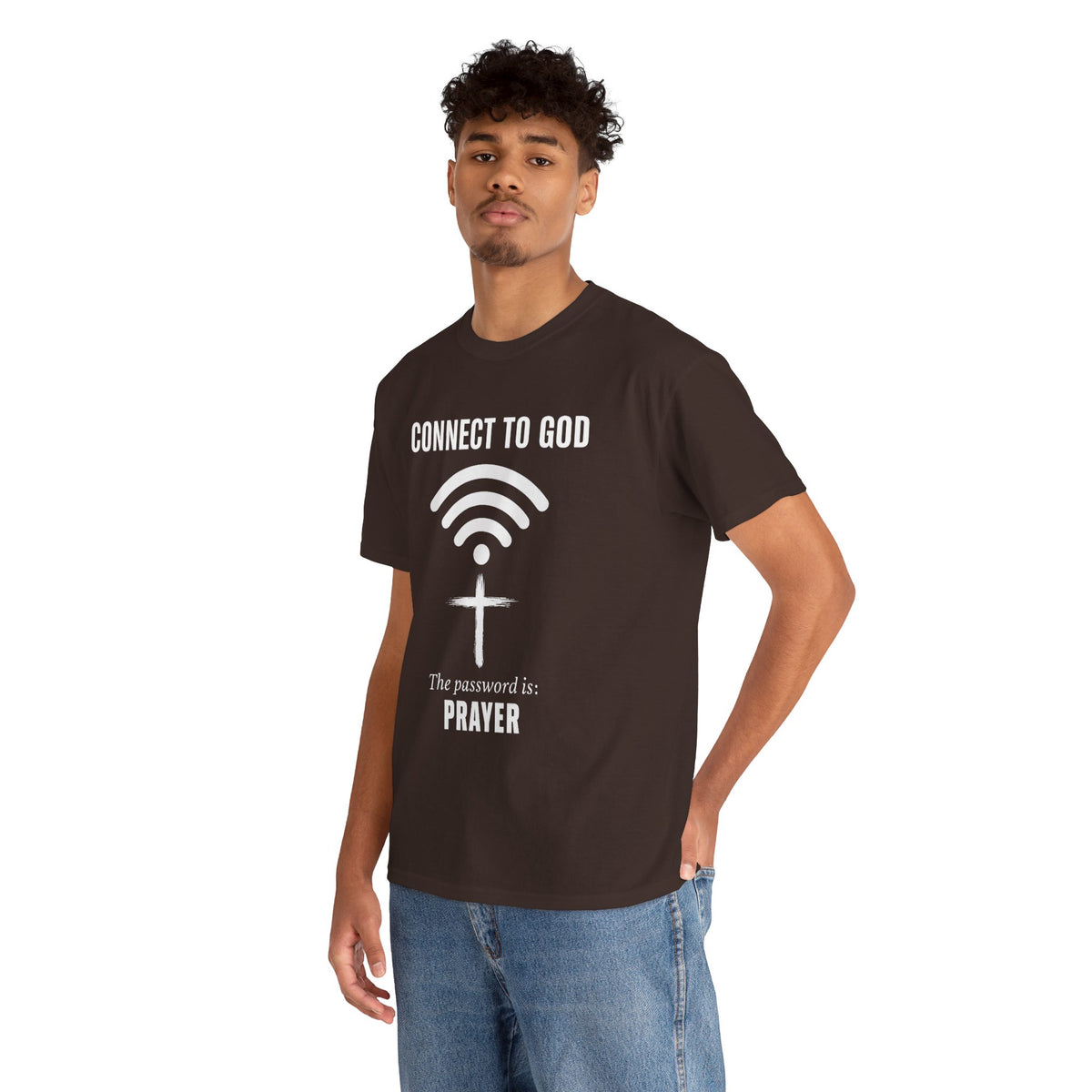(UNISEX) Connect to God Prayer T-Shirt — Christian Faith Tee with Cross WiFi Design