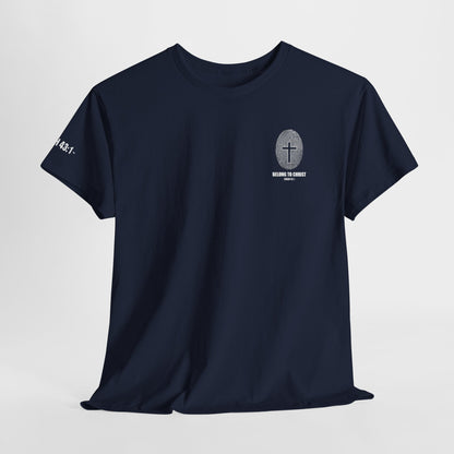 Belong to Christ T-Shirt — Christian Cross Fingerprint Tee (Isaiah 43:1)