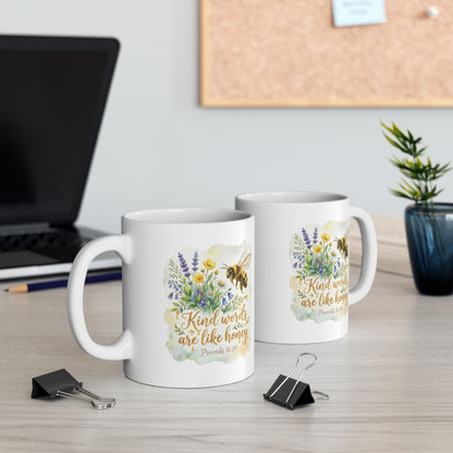 Ceramic Mug — Floral Bee Design "Kind Words Are Like Honey" (11oz & 15oz)