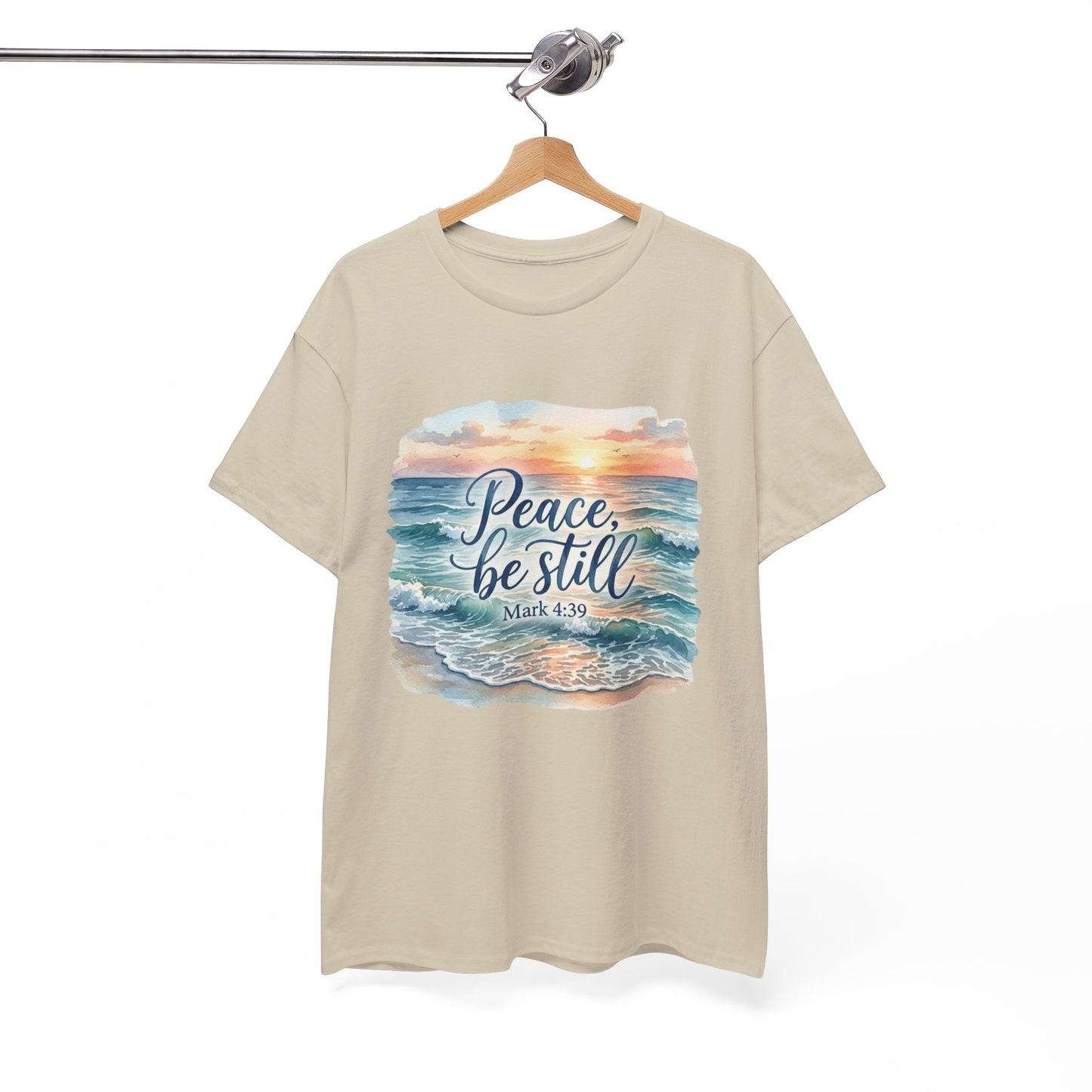 Peace Be Still T-Shirt — Beach Sunset Scripture Tee (Mark 4:39)