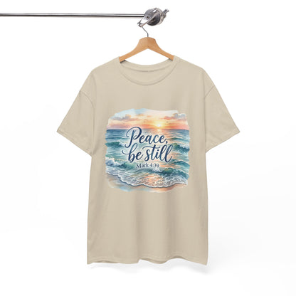 Peace Be Still T-Shirt — Beach Sunset Scripture Tee (Mark 4:39)