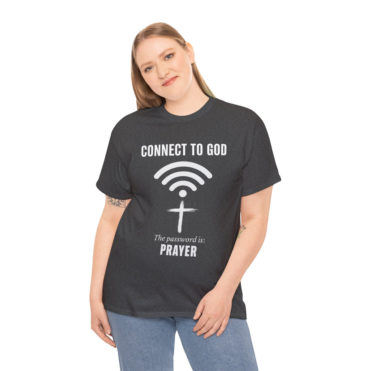 (UNISEX) Connect to God Prayer T-Shirt — Christian Faith Tee with Cross WiFi Design