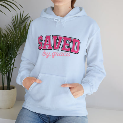 Saved by Grace Hoodie — Christian Faith Pullover in Pink Collegiate Script