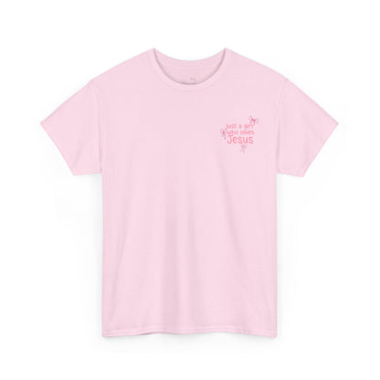 T-Shirt — "Just a Girl Who Loves Jesus" Pink Bow Christian Tee