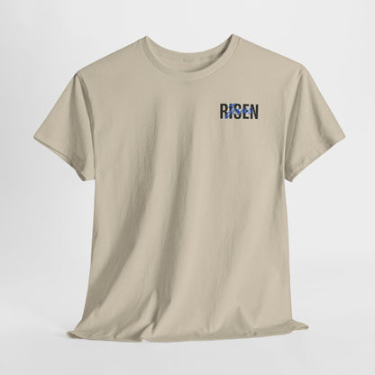 BLUE Risen Jesus Tee — Christian Easter Shirt with Crown of Thorns Design