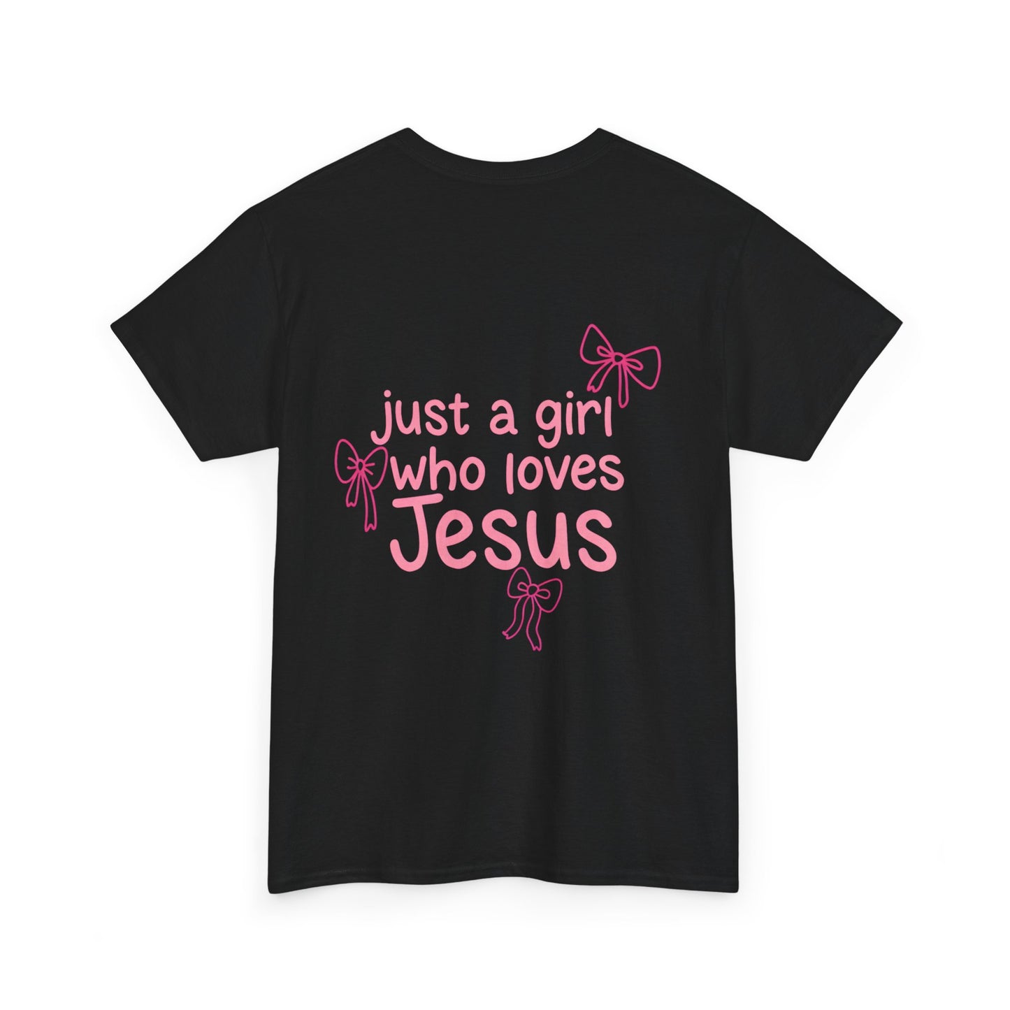 T-Shirt — "Just a Girl Who Loves Jesus" Pink Bow Christian Tee