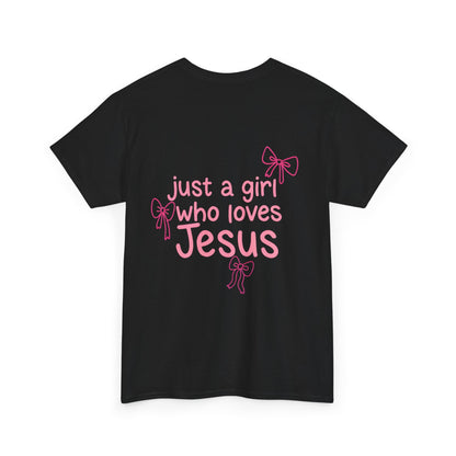 T-Shirt — "Just a Girl Who Loves Jesus" Pink Bow Christian Tee