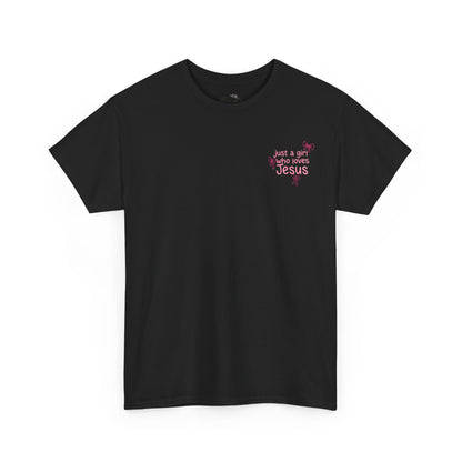 T-Shirt — "Just a Girl Who Loves Jesus" Pink Bow Christian Tee