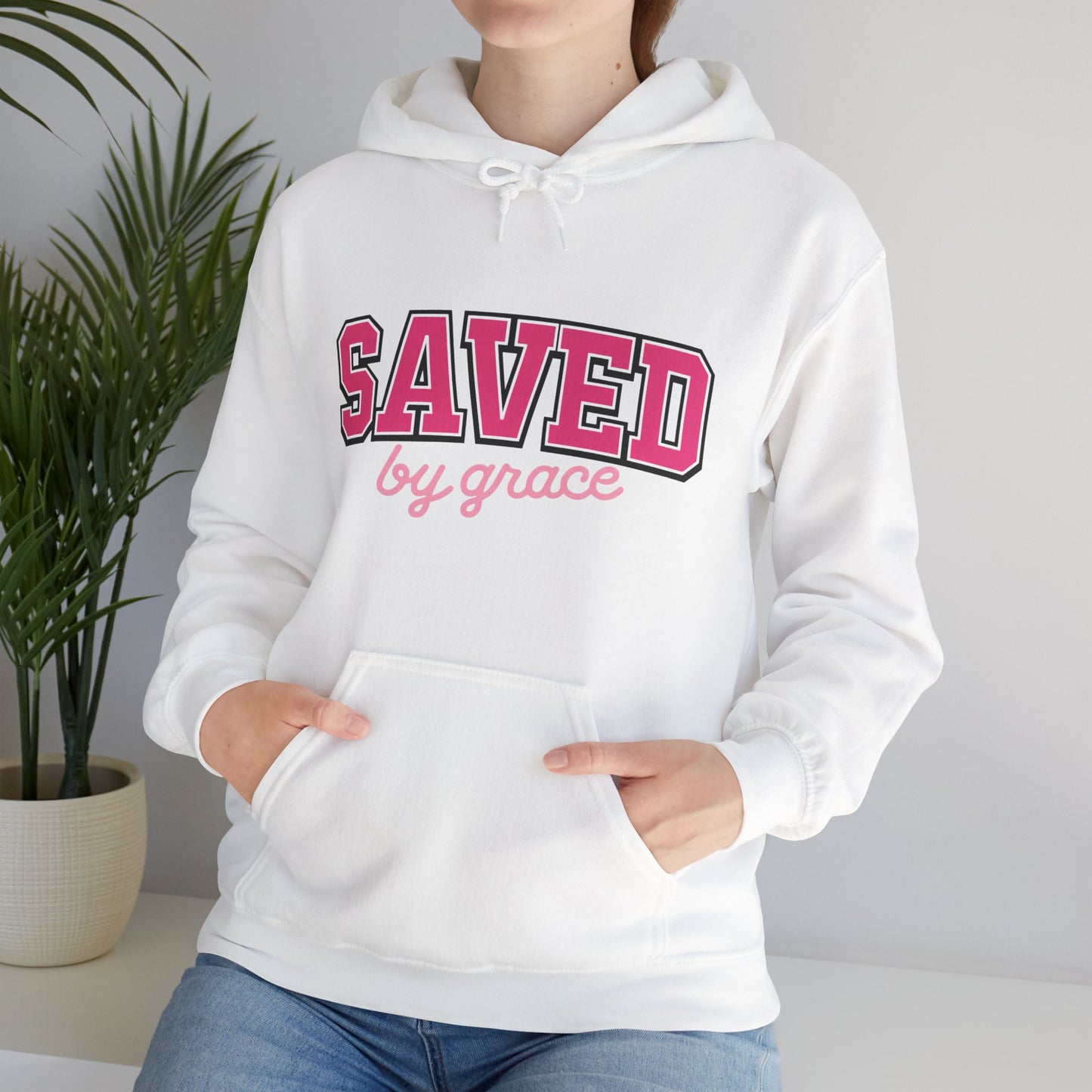 Saved by Grace Hoodie — Christian Faith Pullover in Pink Collegiate Script