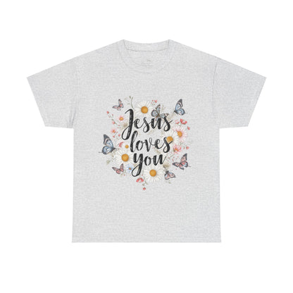 Christian T-Shirt — “Jesus Loves You” Floral Butterfly Tee