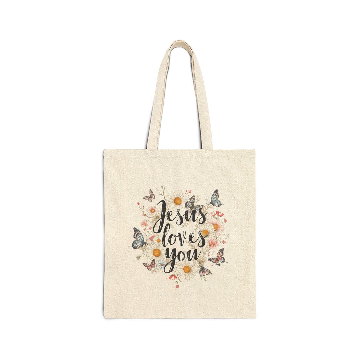 Jesus Loves You Floral Canvas Tote Bag — Christian Inspirational Everyday Bag