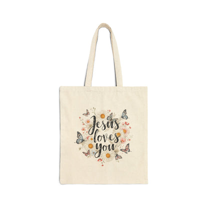 Jesus Loves You Floral Canvas Tote Bag — Christian Inspirational Everyday Bag