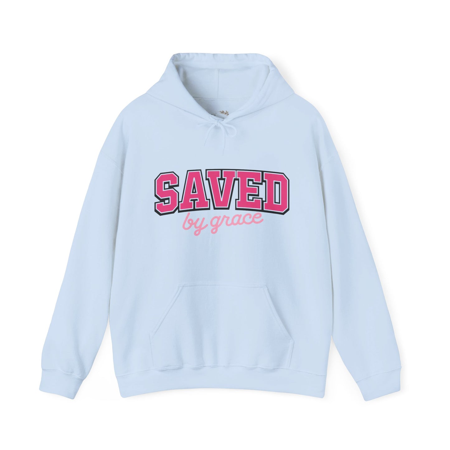 Saved by Grace Hoodie — Christian Faith Pullover in Pink Collegiate Script